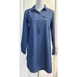 Old Navy Chambray Shift Tunic Dress Pullover 1/2 Button Up Long Sleeve Blue Sz S